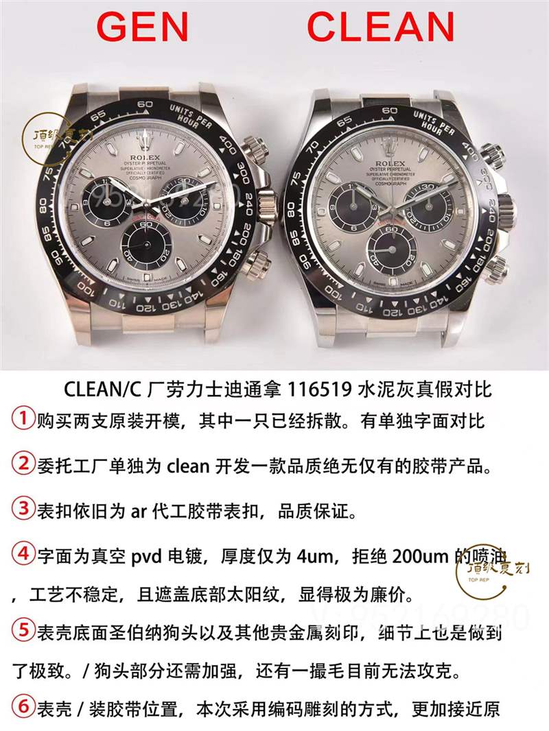 c厂(clean厂)劳力士灰色熊猫迪复刻表对比正品怎么样-复刻表