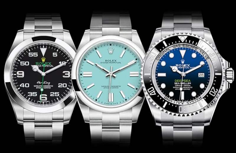 2022年停產(chǎn)的3款勞力士手表：Rolex Air-King（左）、Rolex Oyster Perpetual綠松石面（中）、Rolex Deepsea（右）（世界腕表官網(wǎng)）